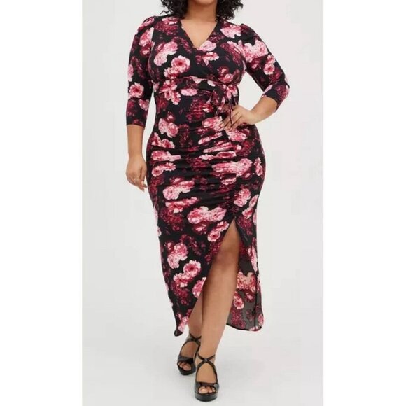 torrid Dresses & Skirts - Torrid Maxi Studio Dress Womens 22 Black Pink Hi Low Roses Floral High Slit